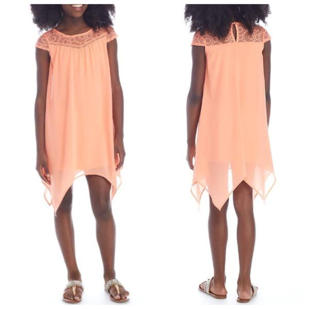 My Michelle Girl Dress Size 14 Coral Embroidered Chiffon Asymmetric Boho Flowy